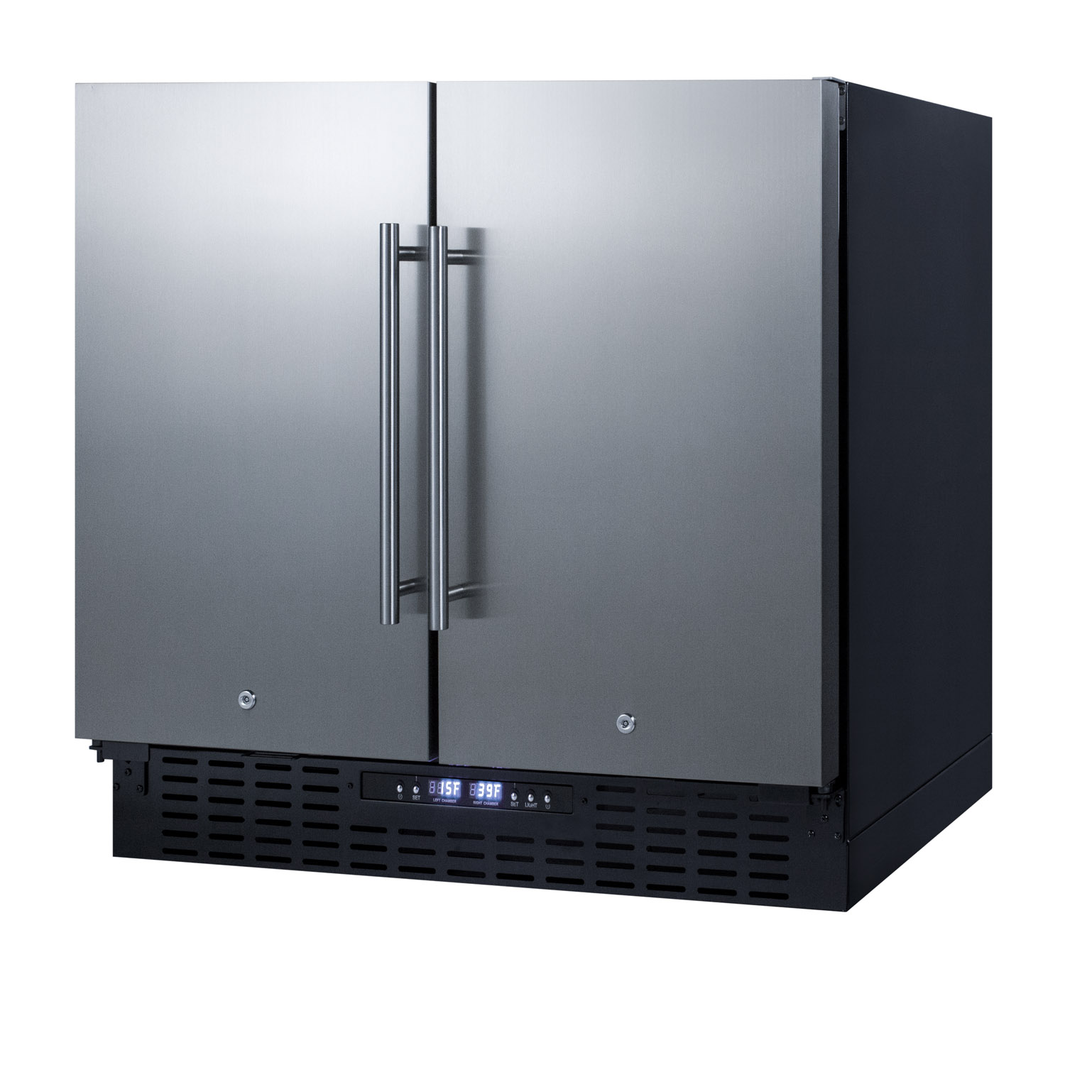 Commercially approved, frost-free, side-by-side refrigerator-freezer for built-in or freestanding use with two stainless steel doors, black cabinet, front-placed digital controls, and front locks